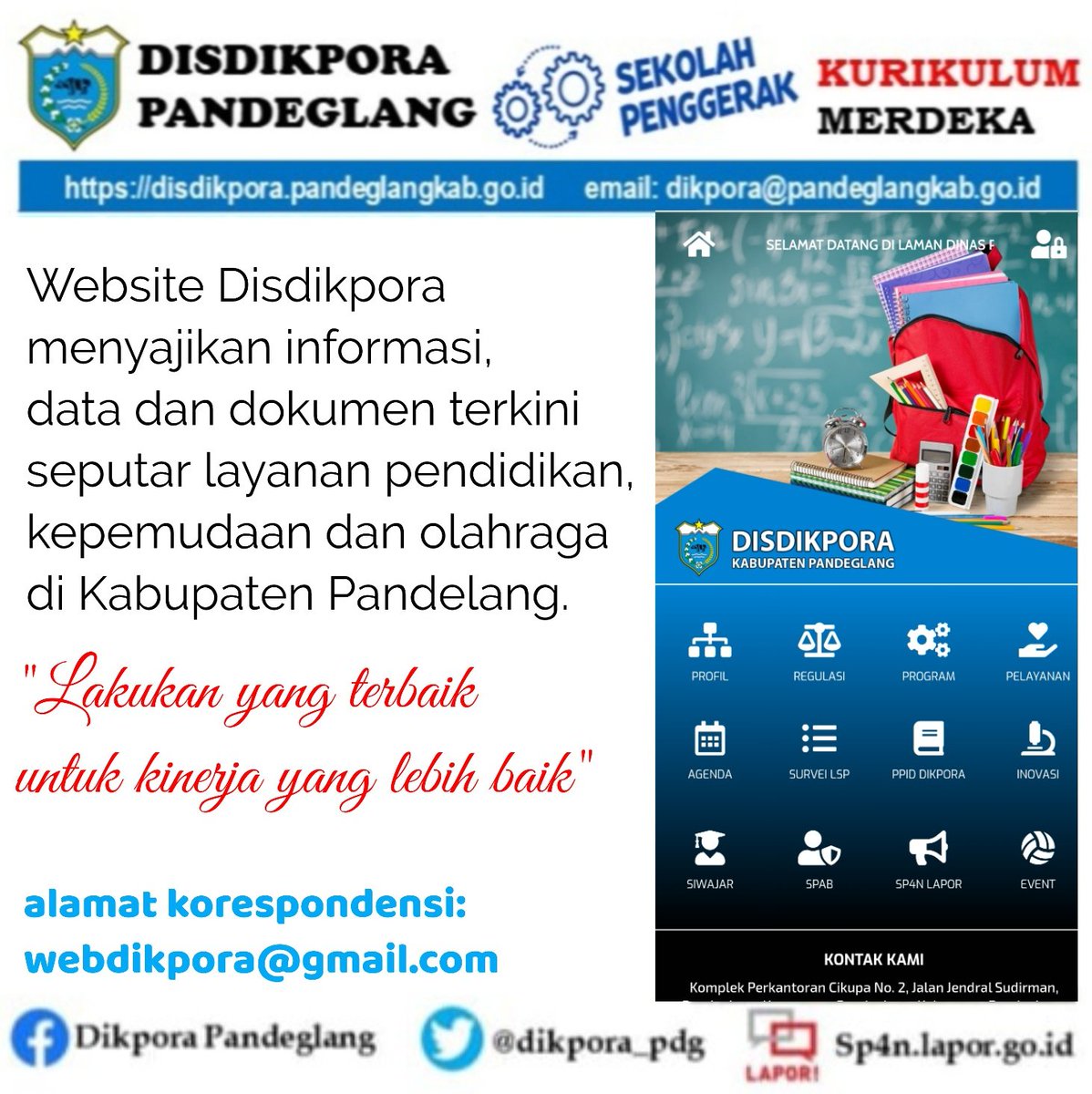 dikpora_pdg's tweet photo. Website Disdikpora menautkan informasi terkini bersumber dari instagram, data terkini ditautkan dengan LSP dan SP4N Lapor, juga dokumen terkini merupakan tautan youtube satuan pendidikan. Ikuti terus dengan membuka web disdikpora setiap saat. https://t.co/2jz2QE22Qk