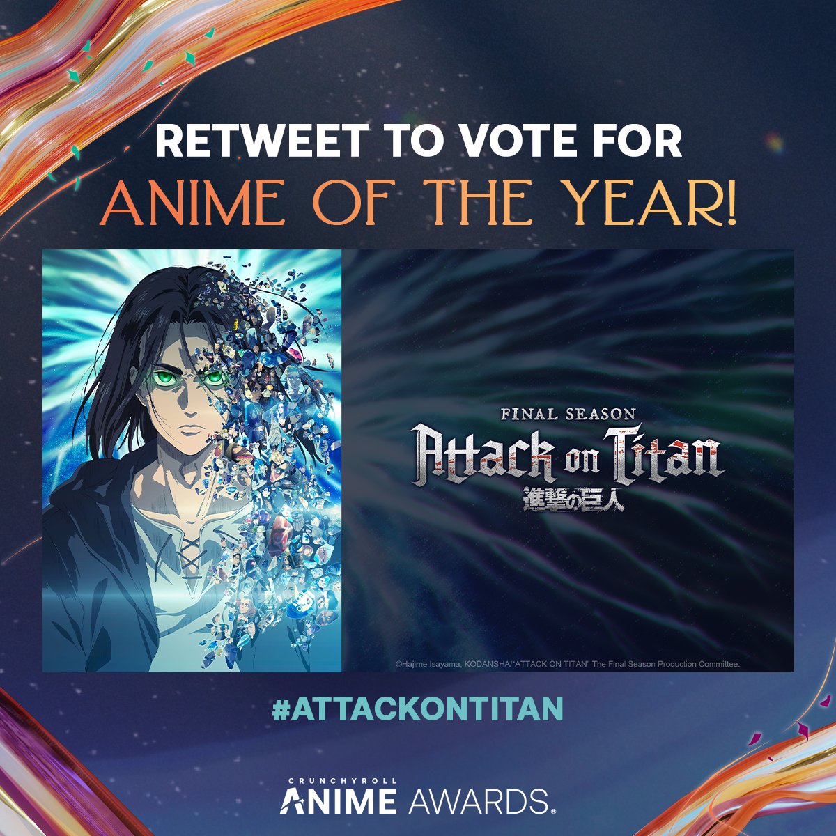🌟 RETWEET TO VOTE 🌟
⚔️ #AttackonTitan Final Season Part 2 for Anime of the Year in the 2023 #AnimeAwards!

Cast your vote for other categories ➡️ got.cr/AA23SVOTE-TW