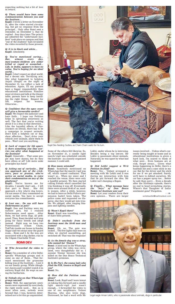My #Rashtradoot Column: Spoke to legend #KapilDev, #RomiDev & legal eagle #AmanLekhi on an issue which needs highlighting.. Brutality against a female dog on the campus of an educational institution in #Delhi .. Matter is currently in #SupremeCourtofIndia . @msdhoni , @imVkohli