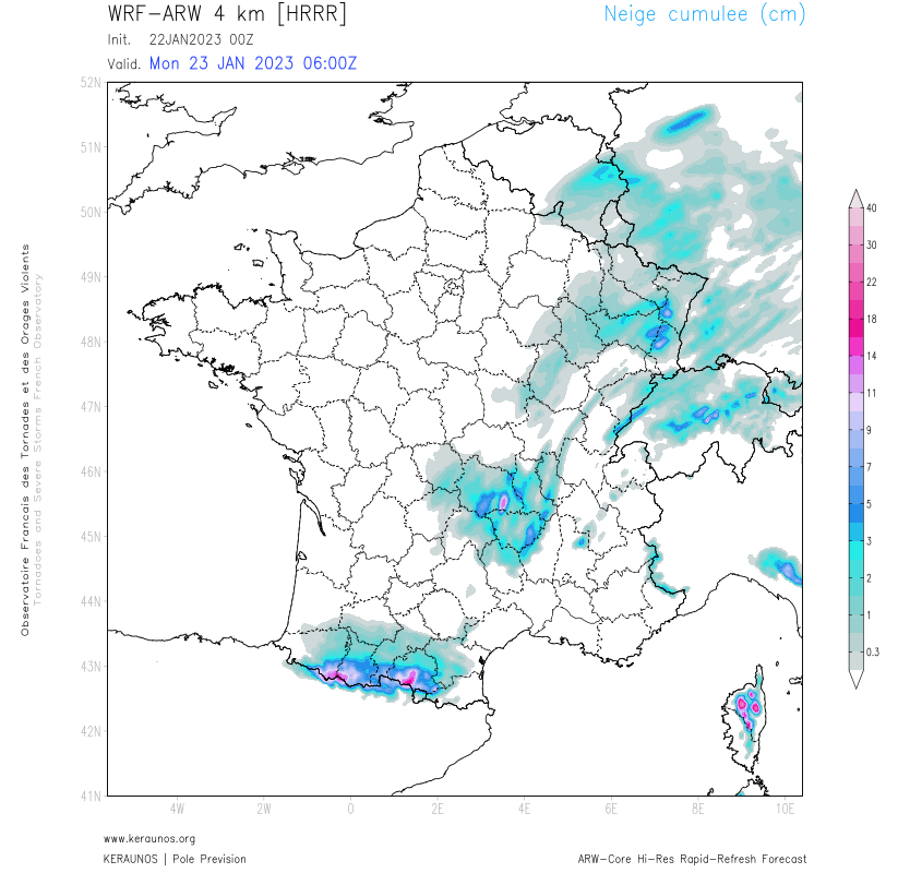 De faibles chutes de #neige vont se maintenir d'ici demain matin, près des reliefs exposés au nord/nord-est en particulier avec quelques centimètres supplémentaires jusqu'à plus de 10 cm localement, en #Corse ou sur les #Pyrénées. 