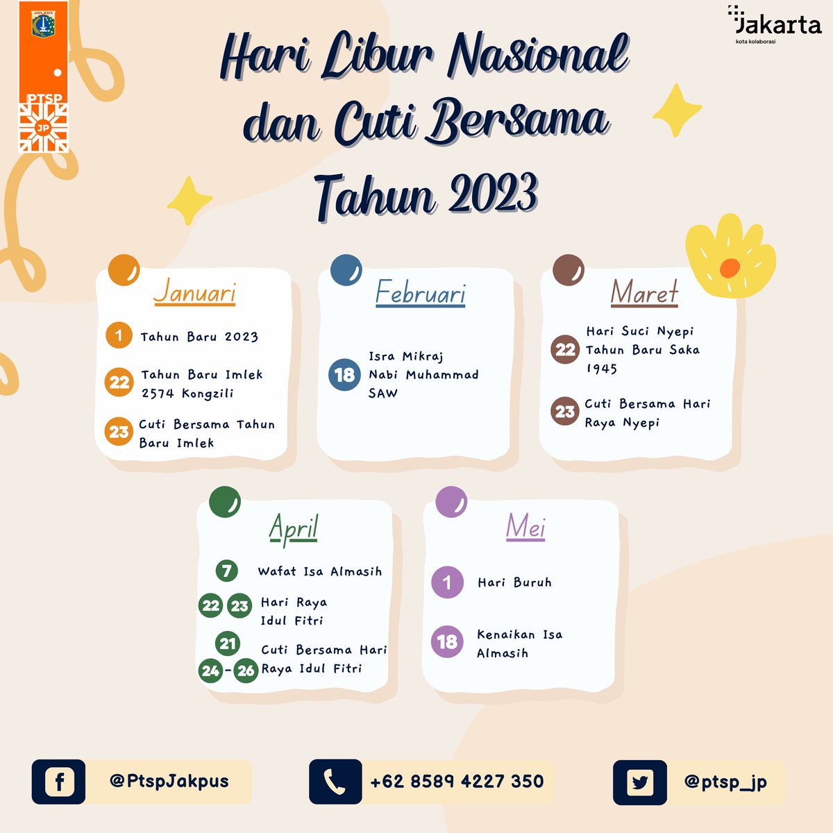 ptsp_jp's tweet photo. Halo Warga Jakarta!👋
Salam SETIA

Sudah tau belum kalau pemerintah menetapkan di tahun 2023 terdapat 16 Libur Nasional dan 8 cuti bersama loh! Yuk lihat postingan ini untuk tau kapan saja kalian bisa menikmati hari libur dan tentunya dengan explore tempat wisata di Jakarta☺️ https://t.co/llwr93vrU6