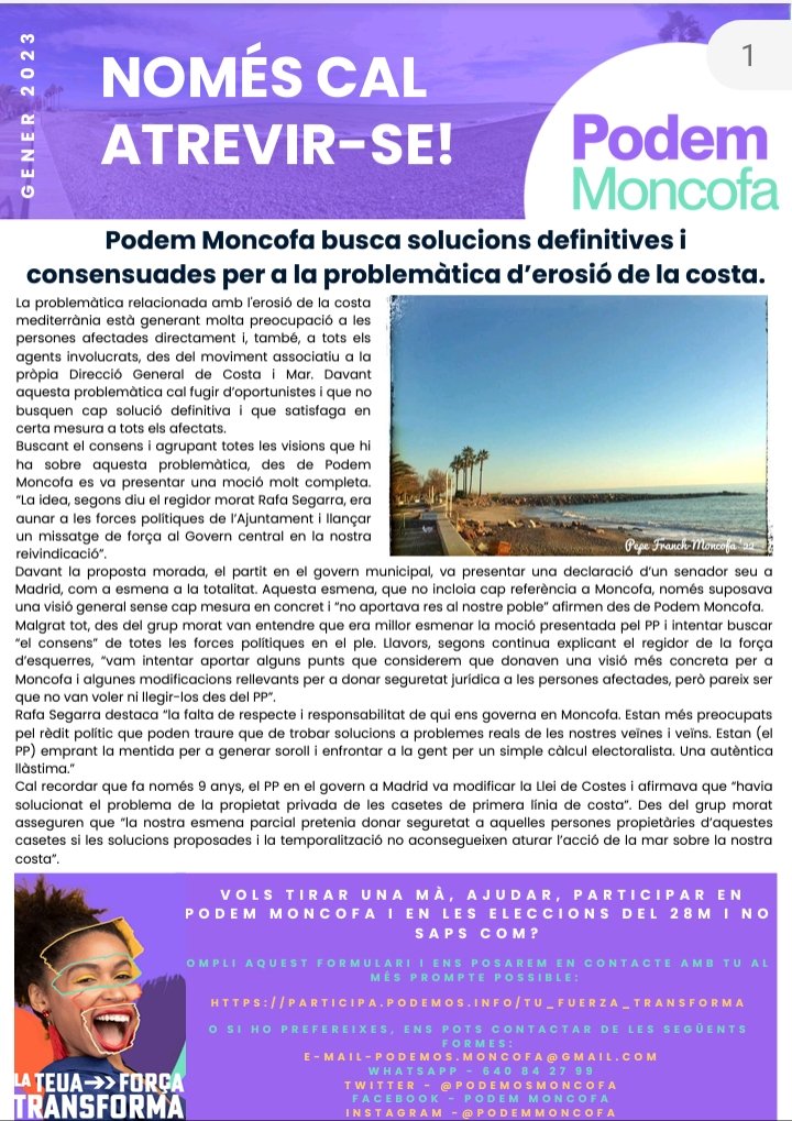 's tweet image. 🟣 PERIÒDIC MORAT 🟣
Extra extra!!! 📢📢
Ja tenim a la vostra disposició el butlletí informatiu de Podem Moncofa. 👏
Per ací vol deixem en versió València i Castellà. 👇
Seguirem informant
VERSIO EN VALÈNCIA:
online.flippingbook.com/view/300048607/

VERSIÓN EN CASTELLANO:
online.flippingbook.com/view/300167499/