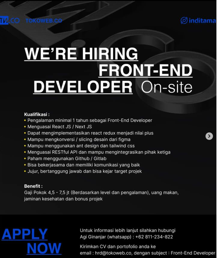 lokerit_01's tweet photo. Di butuhkan segera posisi di atas, ASAP
Silahkan kirimkan lamaran kalian pada email yg tertera
Lokasi Bandung
Jangan lupa share dan bagikan ke teman-teman kalian
#lokerdeveloper #lokerit #lokerprogrammer #loker2023 #lowongankerja2023 #lowongankerja #infoloker #lokeradmin https://t.co/HymhdNaD4P