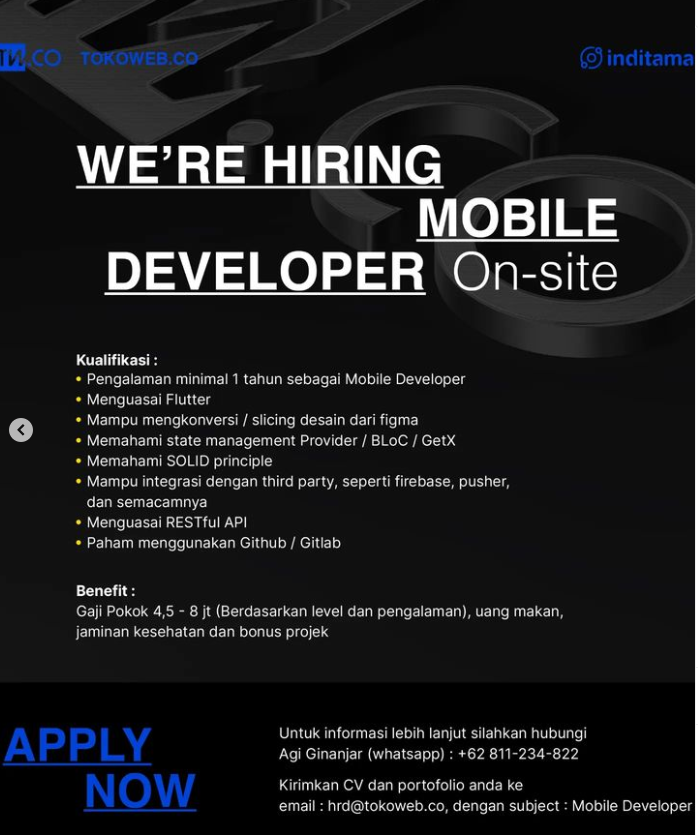 lokerit_01's tweet photo. Di butuhkan segera posisi di atas, ASAP
Silahkan kirimkan lamaran kalian pada email yg tertera
Lokasi Bandung
Jangan lupa share dan bagikan ke teman-teman kalian
#lokerdeveloper #lokerit #lokerprogrammer #loker2023 #lowongankerja2023 #lowongankerja #infoloker #lokeradmin https://t.co/HymhdNaD4P