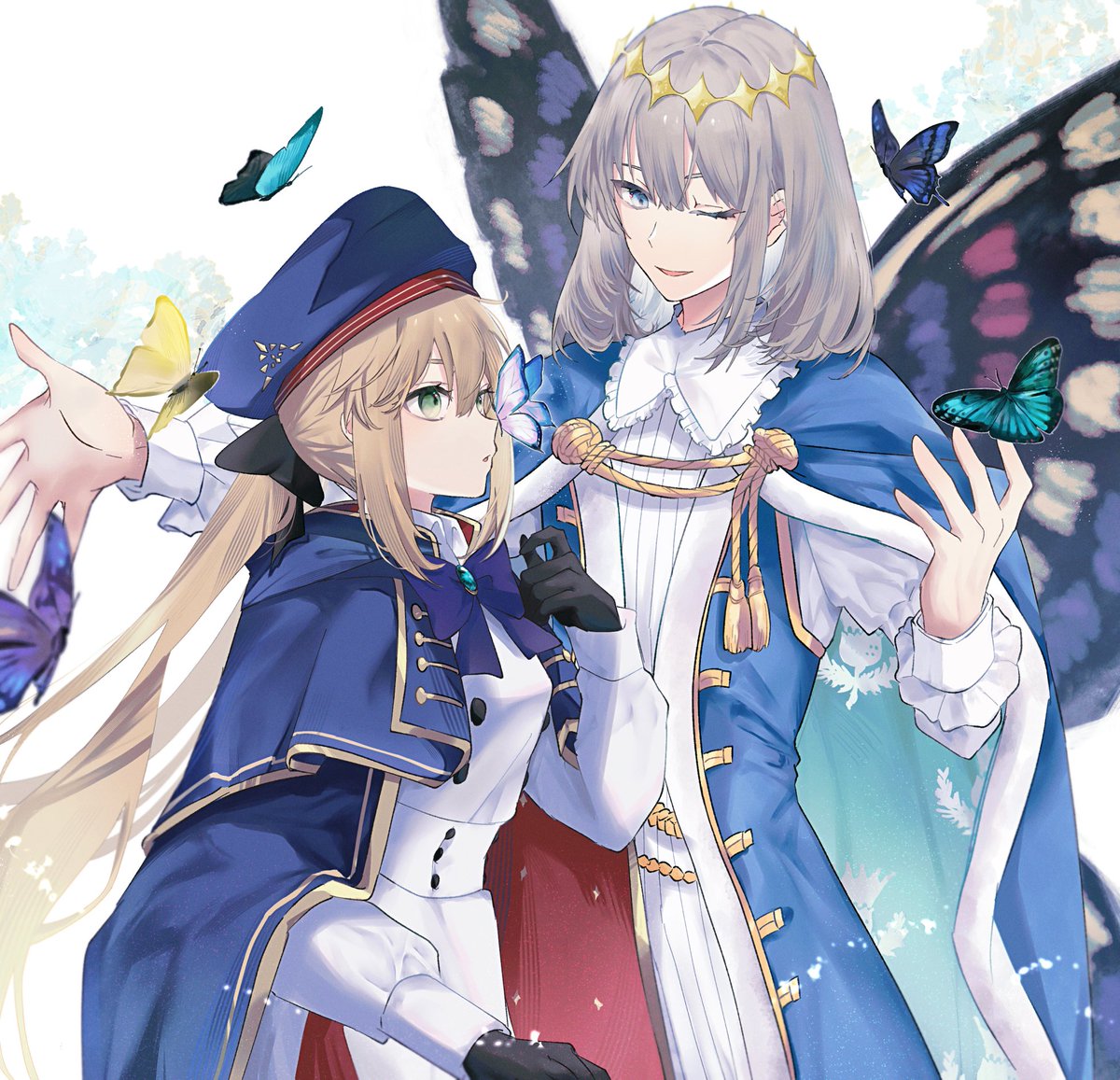 artoria caster (fate) ,artoria caster (second ascension) (fate) ,artoria pendragon (fate) ,oberon (fate) 1girl 1boy one eye closed blonde hair green eyes gloves butterfly wings  illustration images