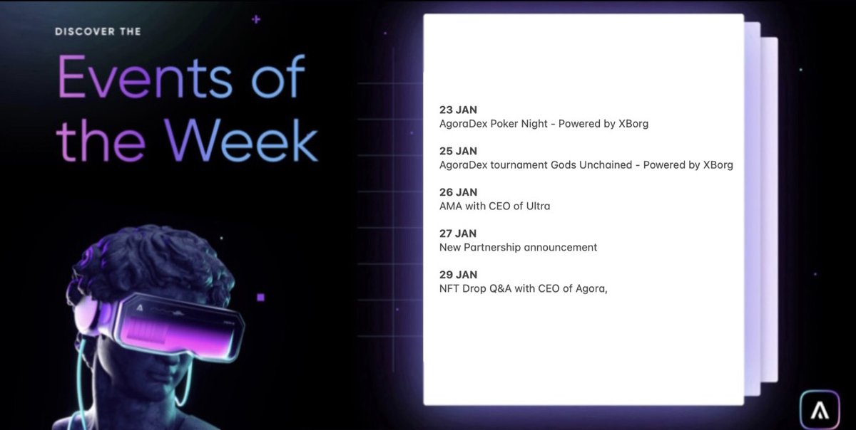 ‼️Events of the Week‼️

🎙️ 2x AMA's ⬇️ 
CEO of <a href="/AgoraDex/">CROWN & ADOT Community | $CROWN</a> &amp; CEO of <a href="/ultra_io/">Ultra</a> 

🎮  2x #tournaments ⬇️
<a href="/GodsUnchained/">Gods Unchained</a> &amp; Poker Night 

🤝 2x New partnership announcement  

#NFTdrop #NFTcommunity #Gamify