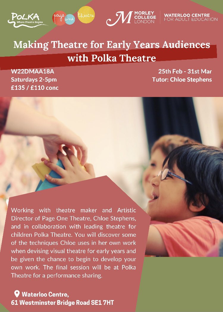 I’m excited to be running this course with <a href="/morleycollege/">Morley College London</a> and <a href="/polkatheatre/">Polka Theatre</a> in March! A great opportunity to explore making work for early years - come and join me!

morleycollege.ac.uk/courses/course…