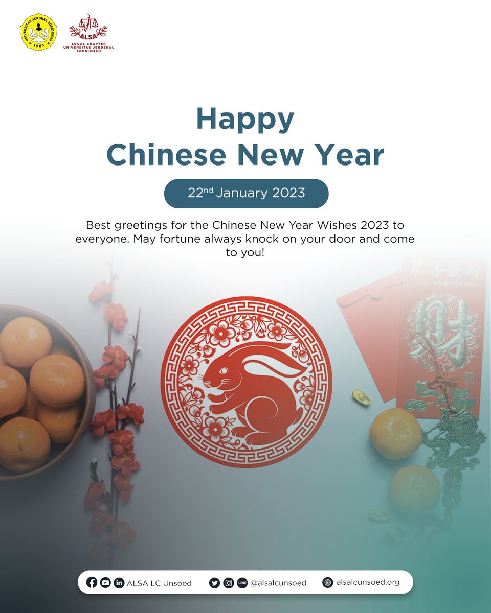 Hello ALSAians!

ALSA LC Unsoed would like to wish you a Happy Chinese New Year 2023! May fortune always knock on your door and come to you!

ALSA, Always be One!