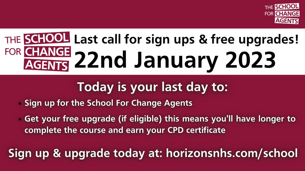 📢Today is your last chance to sign up &amp; upgrade for free for this run of the School For Change Agents!📢

Don't miss out on the chance to join a global community &amp; learn how to rock the boat - whilst staying in it🚣!

Sign up &amp; upgrade today at: horizonsnhs.com/school 
#S4CA