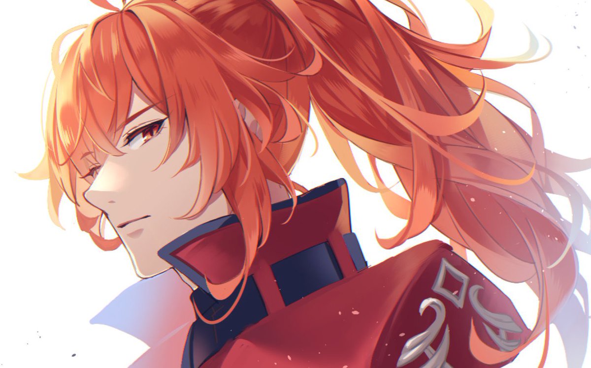 diluc (genshin impact) 1boy male focus solo ponytail long hair red eyes red hair  illustration images
