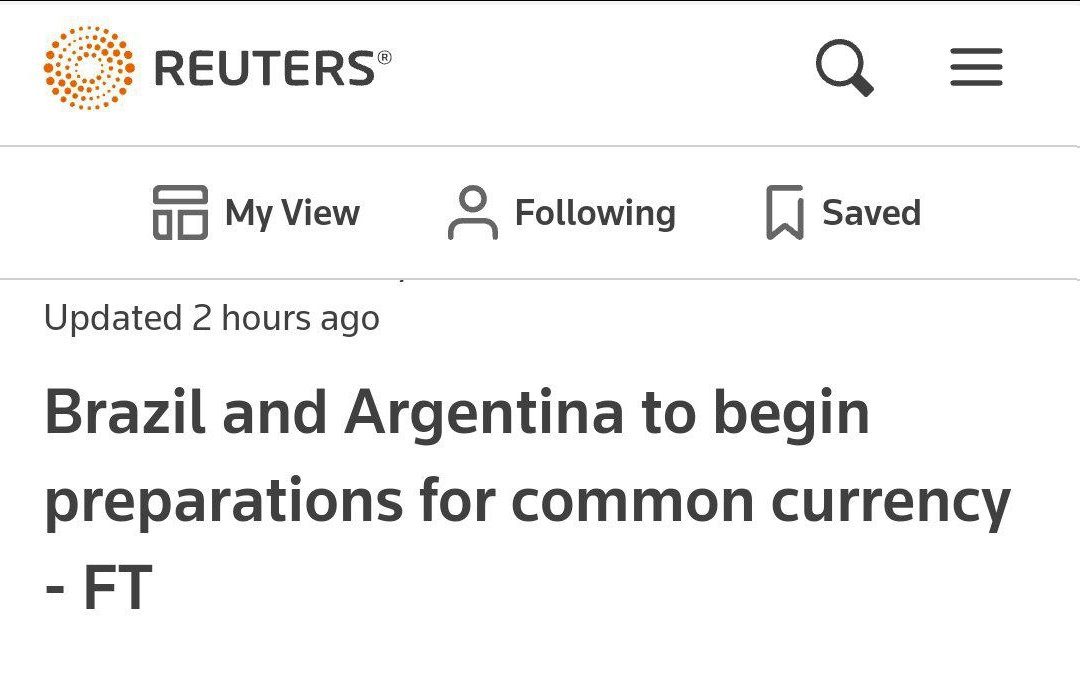 Hawkeye1745's tweet image. 🇧🇷🪙🇦🇷
Brazil and Argentina to start preparations for a common currency

Brazil suggests calling the &quot;sur&quot; (south) could boost regional trade and reduce reliance on U.S. dollar, 
FT citing officials.

Non crypto of course! Real money.

#Dedollarization  #MultipolarWorldOrder