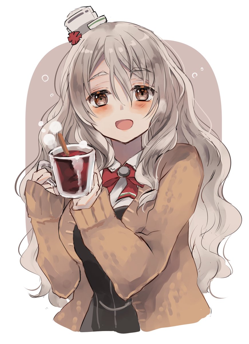 1girl bow bowtie brown eyes cardigan cup grey hair  illustration images