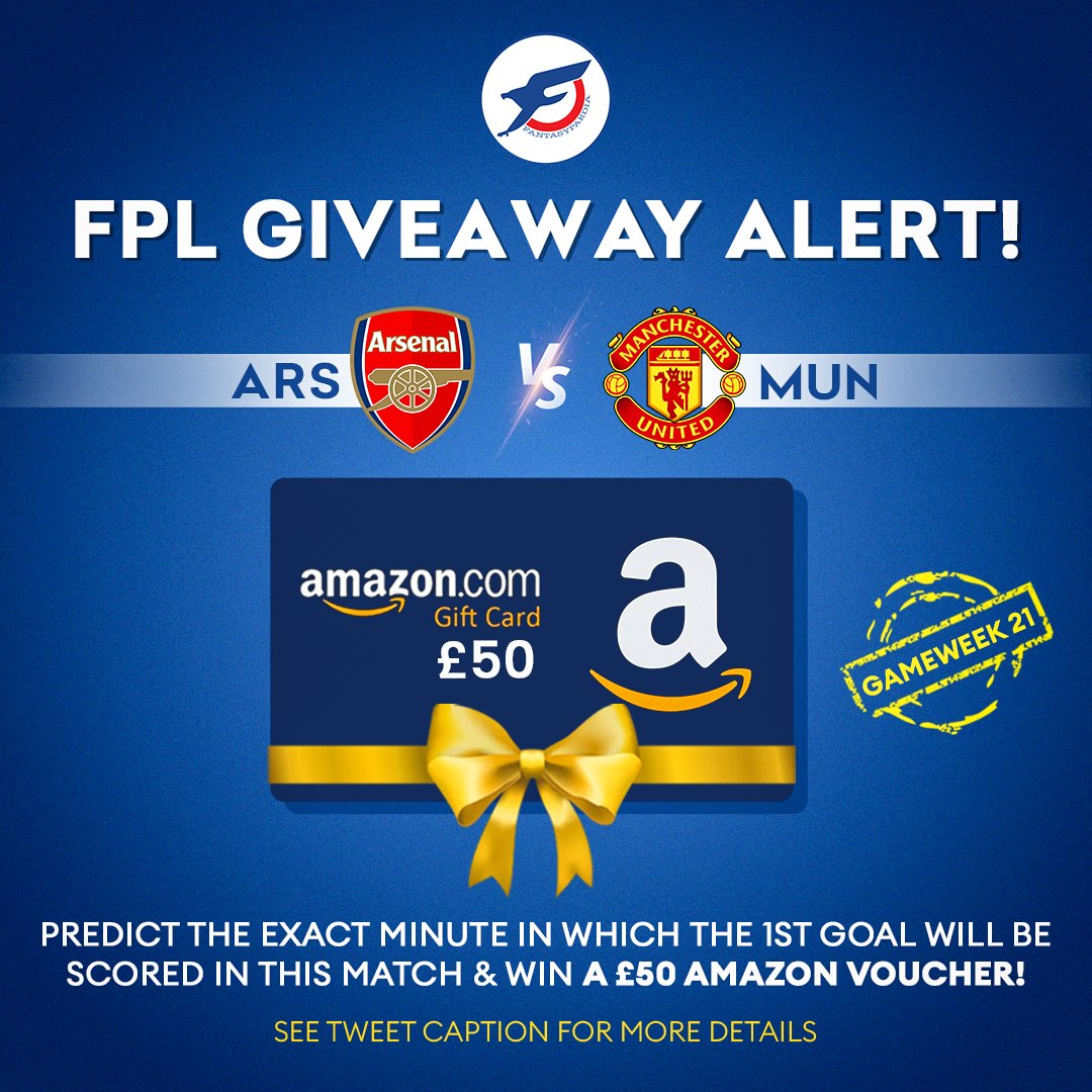 Fantasypaedia is doing a Giveaway for Arsenal vs Manchester United!

The winner gets a £50 Amazon voucher.

You need to:

1. Reply to this tweet &amp; predict the exact minute in which the 1st goal will be scored in this match.

2. Follow <a href="/Fantasypaedia/">Fantasypaedia</a>

3. Retweet

#FPL #ARSMUN