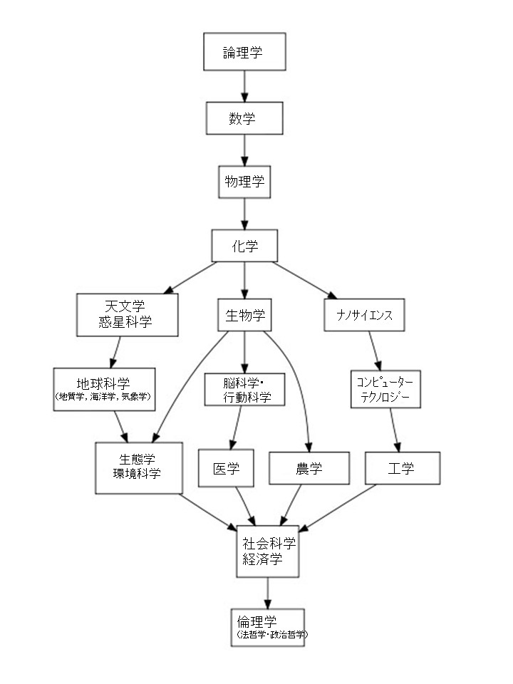 2006年にバラバンとケインがScientometricsに提唱した，科学の関連性です。化学がいろんな自然科学を結びつける中心的な役割を果たしています。また，この分類では各分野が、後続の領域の より一般的な枠組みを提供しています（数学 → 天文学 → 物理学 → 化学 → 医学・生理学 → 社会科学）。