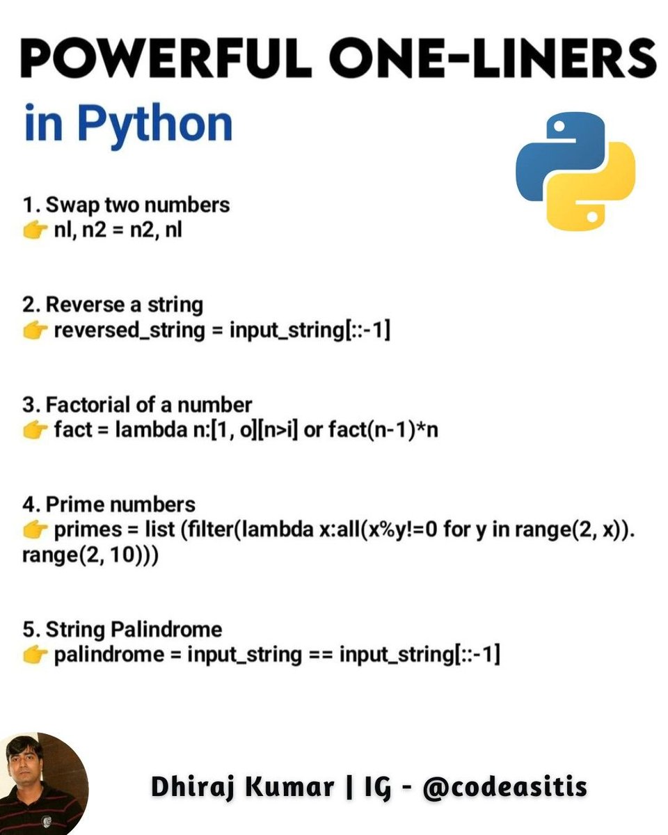 BilirKazim's tweet image. Python : Powerful One Liner
In this post , there are few situations where in other programming language it takes atleast 5 lines of code or more . In python, it will be achieved in single line with the code .
#codeasitis #python #pythoncodesnippets #code #coding #coder