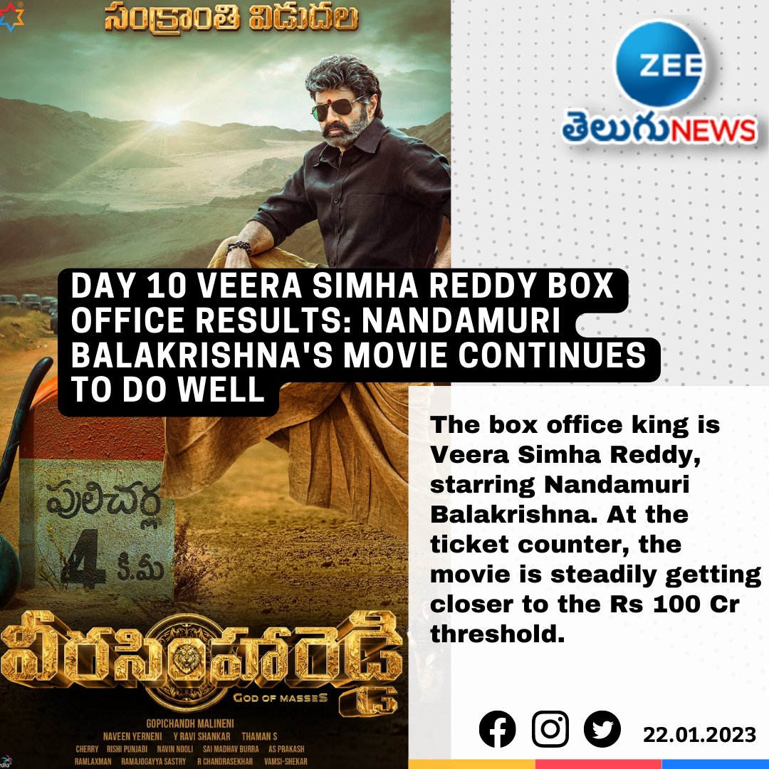 ZeeTeluguLive's tweet photo. Day 10 Veera Simha Reddy Box Office Results: Nandamuri Balakrishna's movie continues to do well.
#NandamuriBalakrishna #VeeraSimhaReddy #boxcollection https://t.co/gPZGQ4RYSE