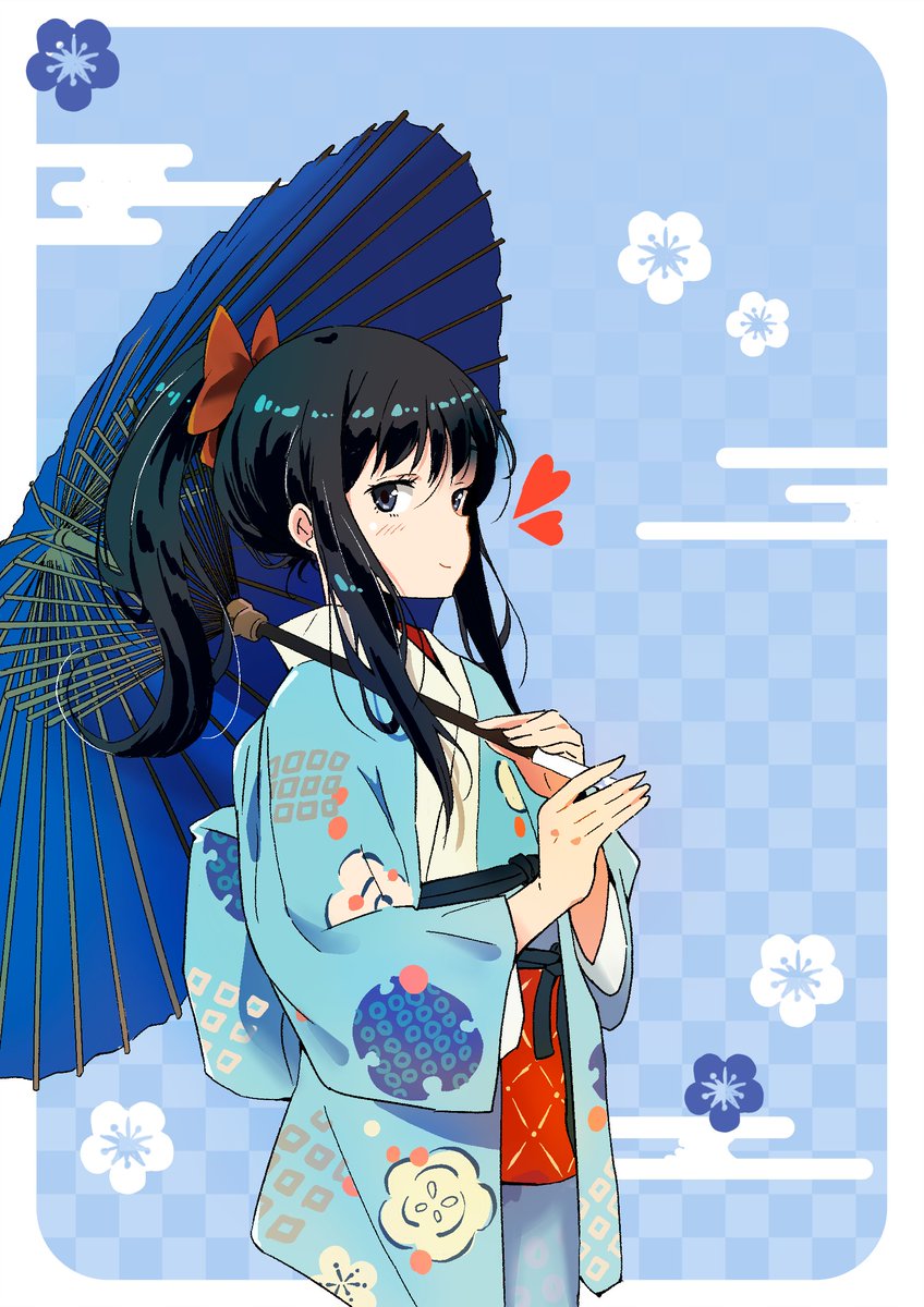 1girl japanese clothes umbrella solo kimono black hair blue kimono  illustration images