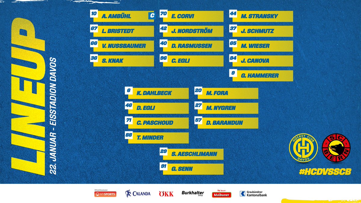HCD_offiziell's tweet photo. 🚨 Game 3️⃣7⃣ 🆚 @scbern_news
 
Never change a ... 
Das 🟡🔵-Lineup weiter ohne #90Jung, #93Frehner, #81Prassl und #95Wellinger (alle 🤕), #89Russo (🚀) und #31Croce (U20).
📲 19.59h Ticker ➡️ HCD-App
📺 @MySports_CH 1⃣
 
#HCDvsSCB https://t.co/bhKW5UI50D