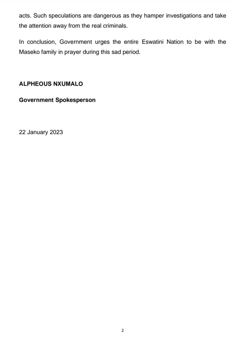 [Government Statement]: Government's message of condolence on the brutal killing of Lawyer Thulani Maseko.