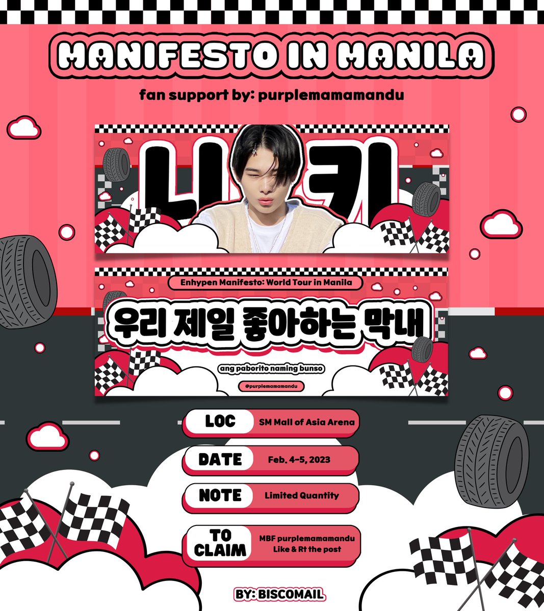 enhypen manifesto in manila

ni-ki fan support hand banner by purplemamamandu ♥️

to claim:
📌 mbf, like and rt [show proofs on d-day]
📌 strictly 1:1 ratio — limited qty
📌 open for trades &amp; donation
📌 exact loc &amp; time: TBA on D-Day

see you! 🫂
#MANIFESTO_IN_MANILA