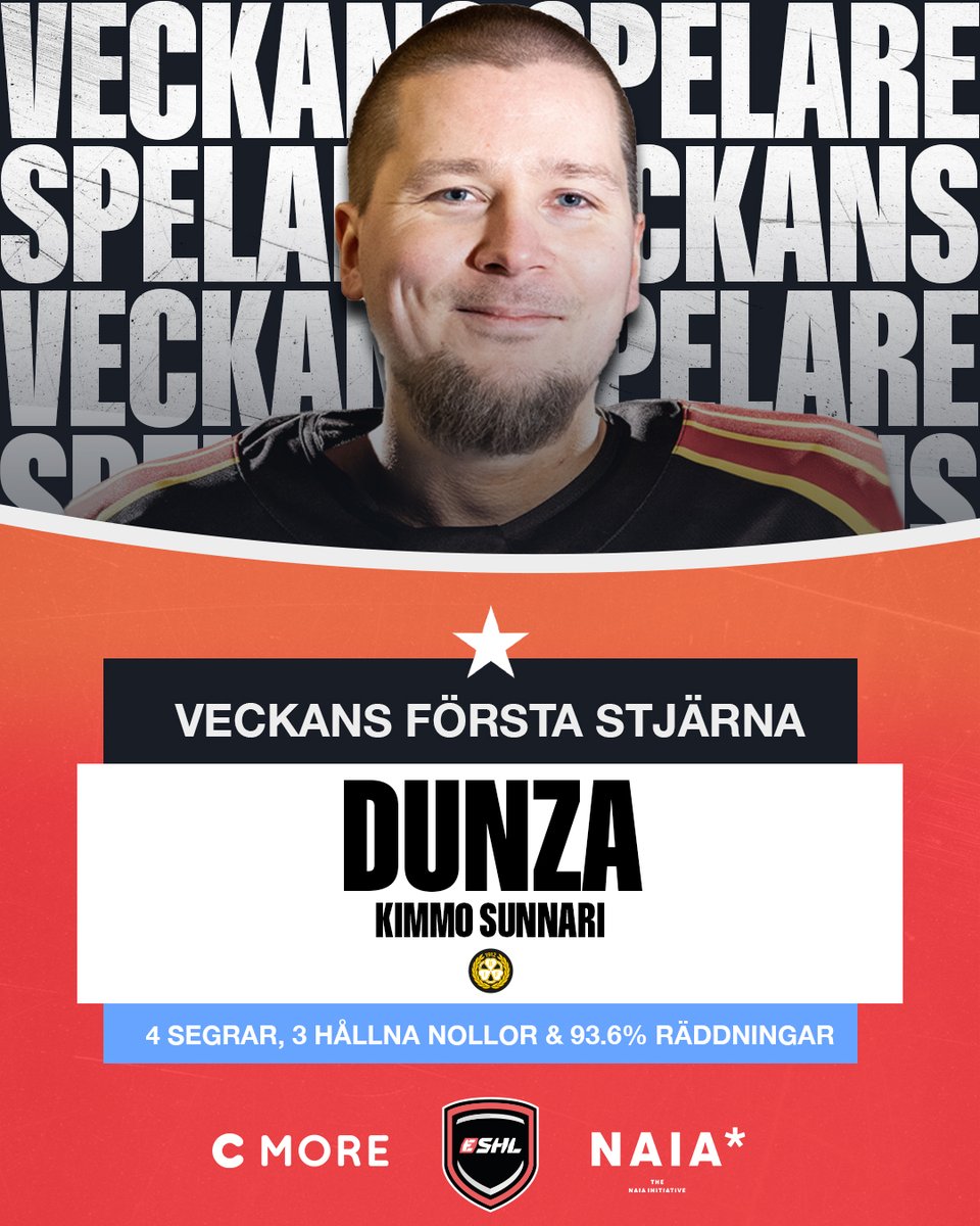 Nytt för denna säsong är att vi varje vecka kommer att kora Veckans Spelare!⭐️⭐️⭐️

⭐️ Veckans första stjärna går till <a href="/Brynas/">Brynäs IF</a>:s Kimmo "Dunza" Sunnari efter imponerande målvaktsspel!

#eSHLse #NHL23