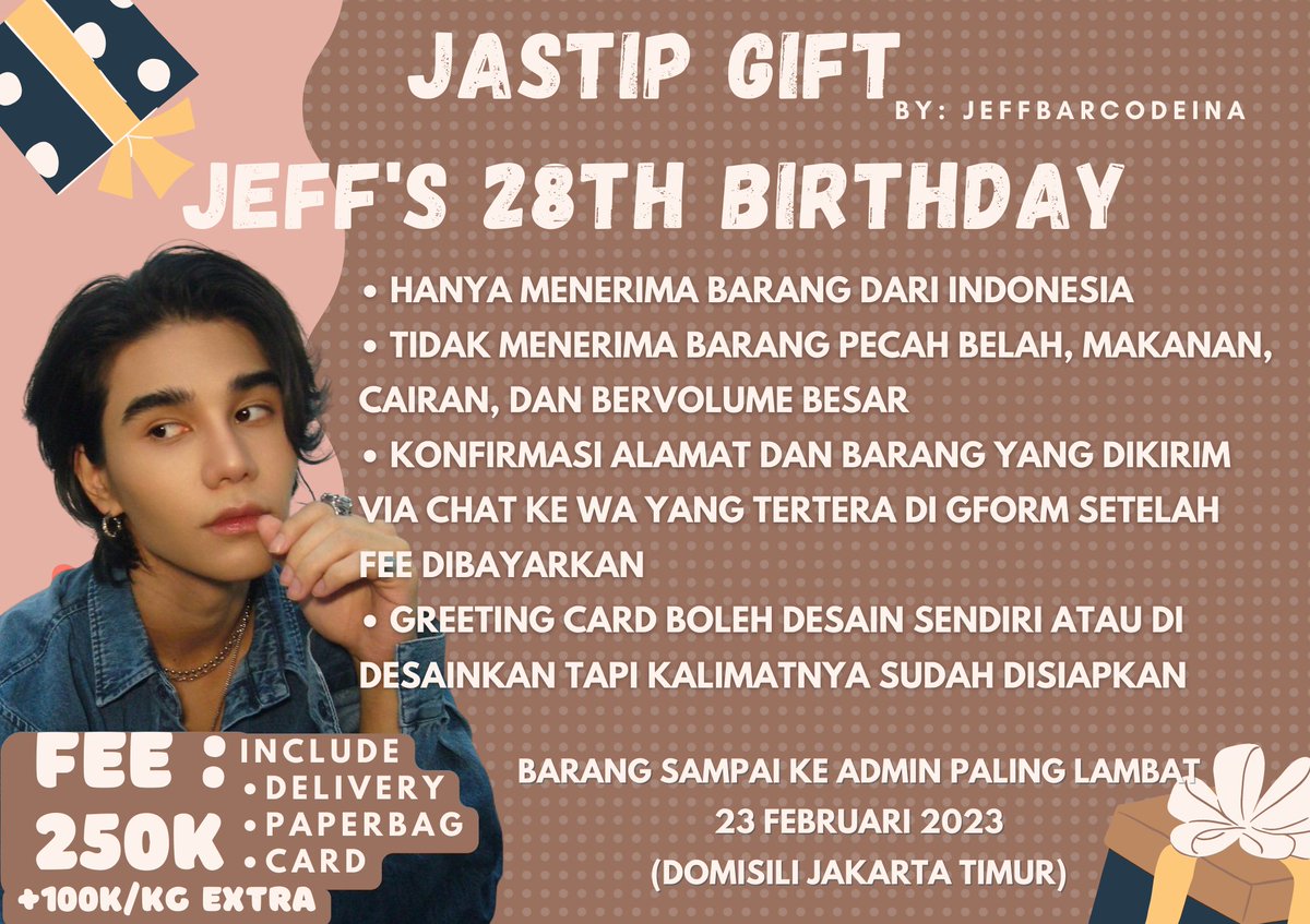 JeffBarcodeINA's tweet photo. [JASTIP GIFT JEFF'S 28TH BIRTHDAY]

FEE: 250K (incl delivery, paperbag, greeting card)

Form: https://t.co/LT3nfigbdw

#JeffSatur https://t.co/b5Cl3hl2qB