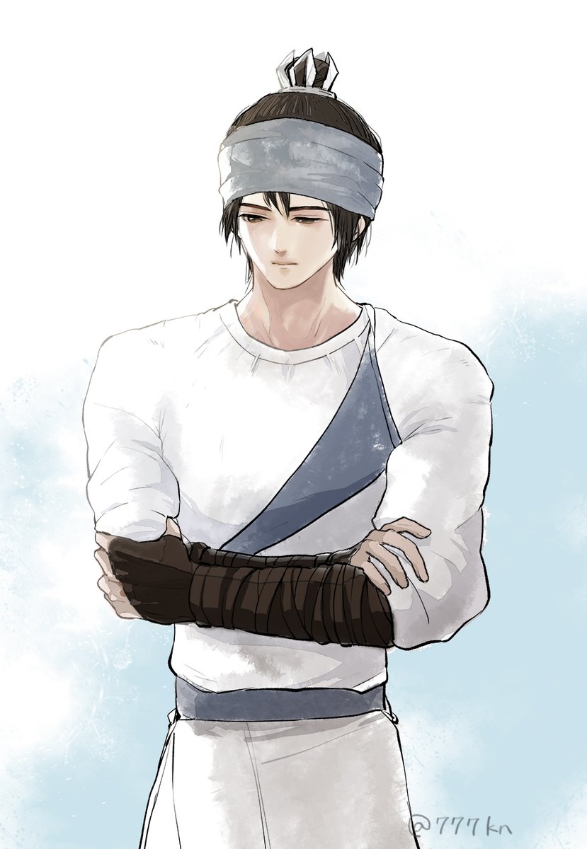 1boy male focus solo crossed arms black hair white pants headband  illustration images