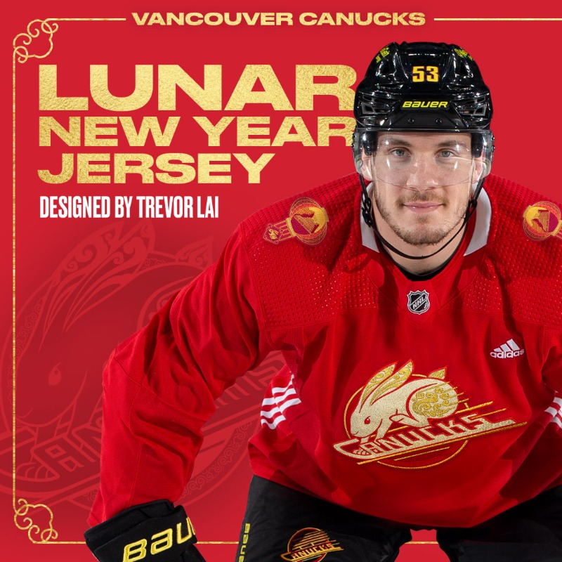 Canucks's tweet photo. Celebrate the Year of the Rabbit.

Our Lunar New Year jersey unites the Year of the Rabbit with the iconic Skate logo, embodying speed, power, and good fortune.

Part of sales will be donated to @ChinatownFdn and @Elimin8_hate.