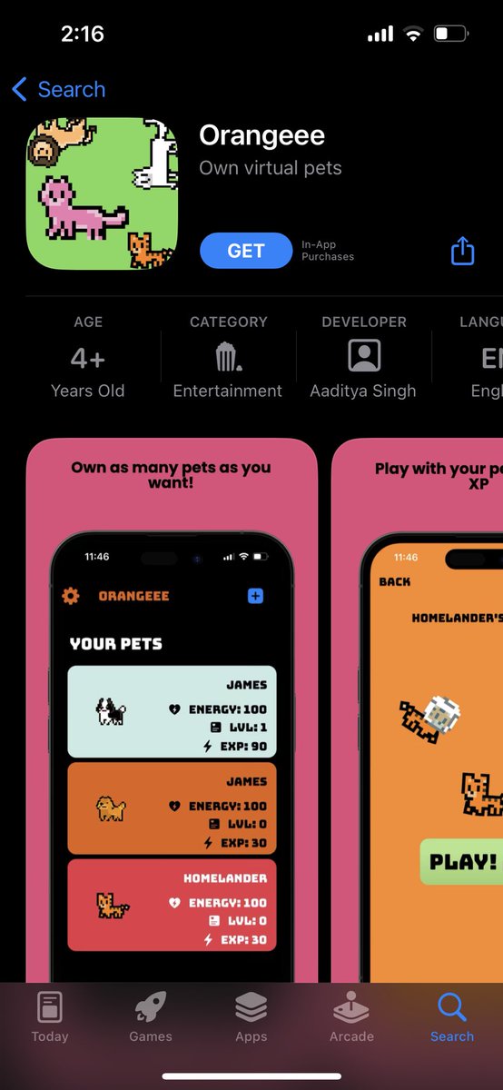 This took some time to make specially when I had to make all the GIFs myself!! Share it with the kids in your family 😭 #ios #iOSDev #gamedev  #pixelart #pet 

apps.apple.com/in/app/orangee…