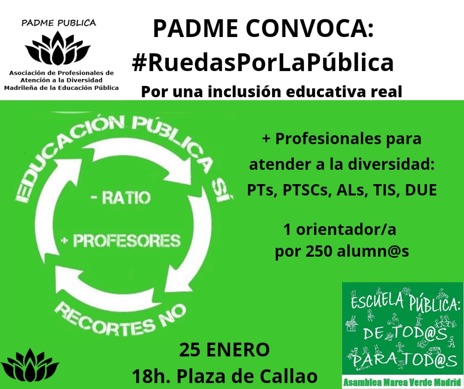 padmepubli's tweet photo. Hacemos un llamamiento a toda la Comunidad Educativa madrileña a participar en la Rueda por la Pública, por una escuela pública inclusiva real.

🗓️Miércoles 25 de enero
📍Plaza Callao, Madrid
🕕18 horas

Consulta nuestro Decálogo 👉🏾https://t.co/qU5WuZI7ao

#RuedasPorLaPública 💚 https://t.co/8yQ0gkvHSR