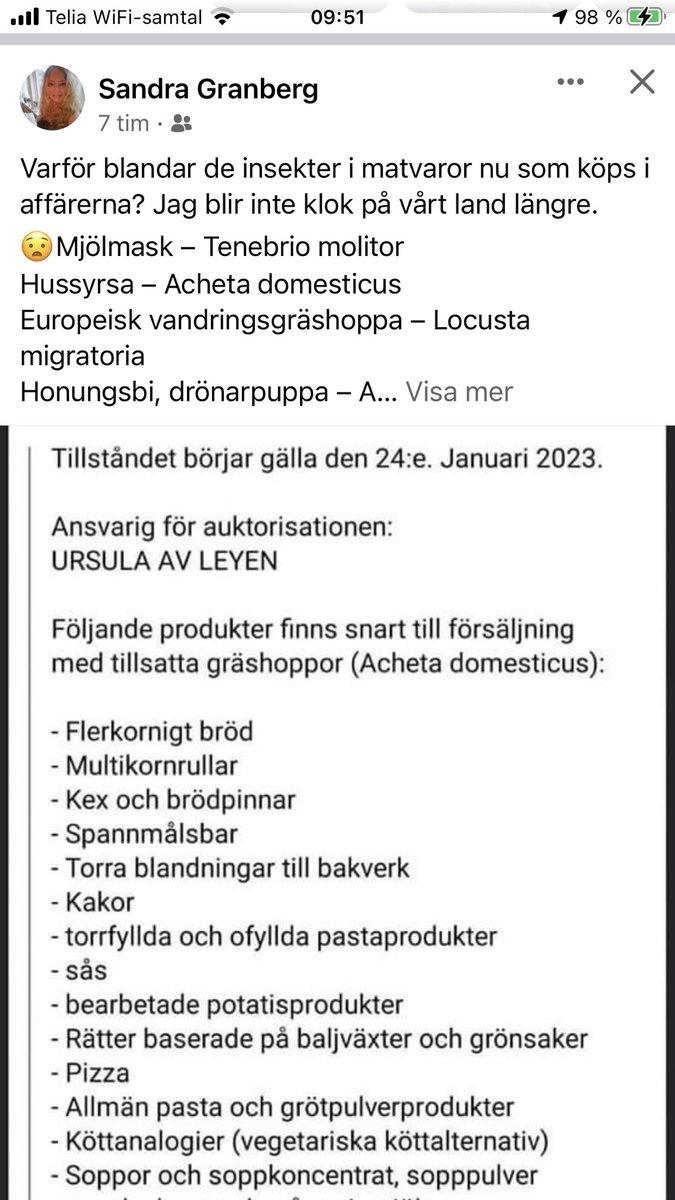 RamonaFransson's tweet photo. Så från och med den 24 januari kommer det att blandas in gräshoppor och all sköns smådjur i vår köpemat, allt enligt EU. Vilka idioter till partier sa ja till den här dyngan? https://t.co/zIXHGikG24