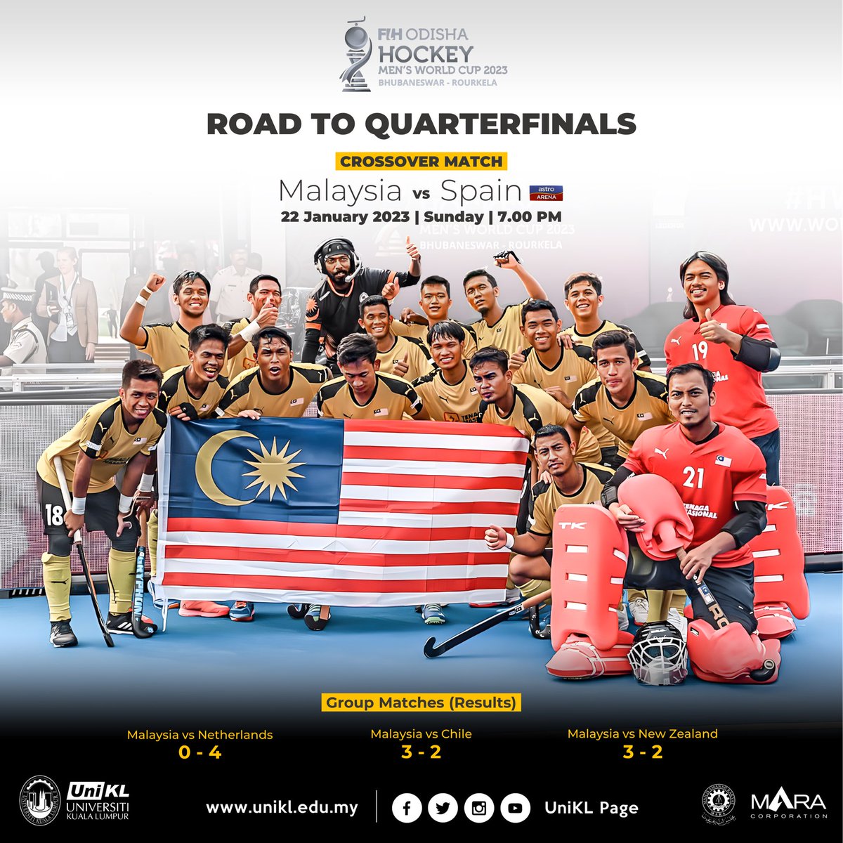 UniKLOfficial's tweet photo. Malaysia will take on World No 8 Spain in the crossover match today at 7pm to secure a quarterfinal spot in the ongoing Men's Hockey World Cup 2023. Let's pray for the success of our Nation's pride, the Speedy Tigers. 

#MalaysianTigers
#MalaysianHockeyConfederation
#UniKLHockey https://t.co/50CzmOA8Q2