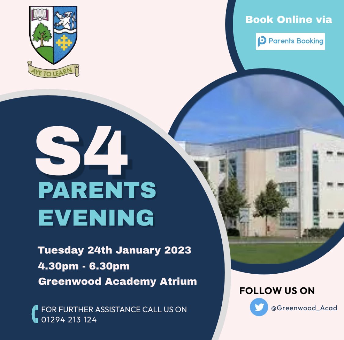 Greenwood_Acad's tweet image. Reminder to all parents/carers @Greenwood_Acad that S4 Parents Evening is this coming week. Any issues with online booking please contact us. We looking forward to meeting with you. #nextstepsinlearning