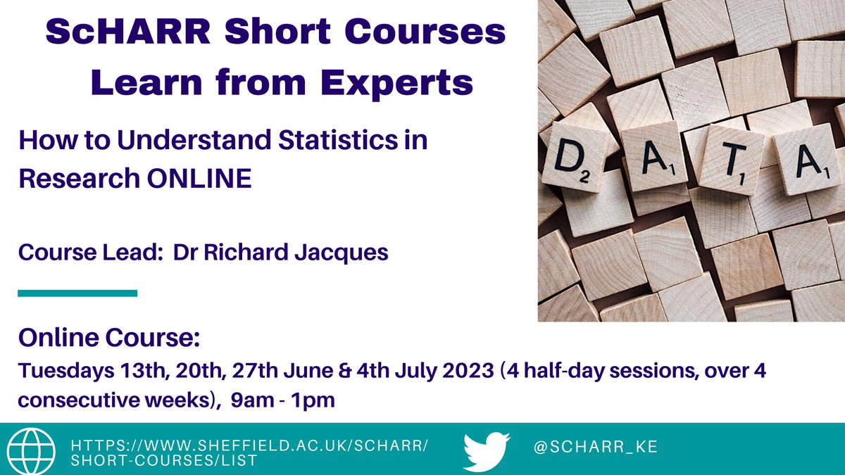 Rescheduled: Join @Rich_Jay @RMSimpson29 and @walters_sj for our new online short course: How to Understand Statistics in Research. For more information and booking see: sheffield.ac.uk/scharr/modules…