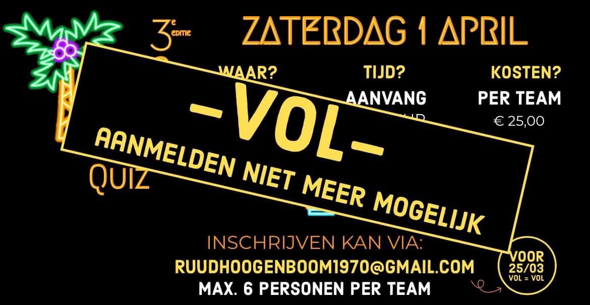 Helaas is het niet meer mogelijk om je aan te melden voor onze pubquiz. 
Er zijn 10 teams ingeschreven en het is dus volle bak! Bedankt aan alle teams die zich hebben aangemeld en we kijken uit naar een gezellige avond met jullie! #vol #pubquiz #nieuwbeijerland