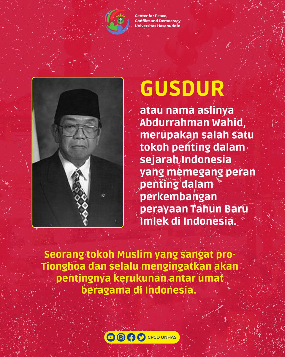 CpcdUnhas's tweet photo. GUSDUR DIBALIK PERAYAAN IMLEK DI INDONESIA 
Salah satu  tokoh yang memegang peran penting dalam meyakinkan pemerintah dan masyarakat Indonesia untuk mengakui dan menghormati perayaan Imlek sebagai perayaan nasional yang diakui oleh pemerintah. 
#CPCDUNHAS
#Imlek #gusdur https://t.co/IfedEdJEjS