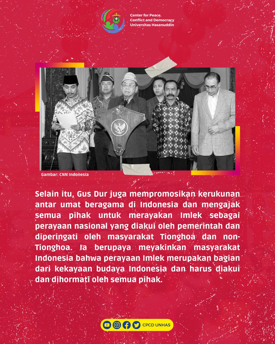 CpcdUnhas's tweet photo. GUSDUR DIBALIK PERAYAAN IMLEK DI INDONESIA 
Salah satu  tokoh yang memegang peran penting dalam meyakinkan pemerintah dan masyarakat Indonesia untuk mengakui dan menghormati perayaan Imlek sebagai perayaan nasional yang diakui oleh pemerintah. 
#CPCDUNHAS
#Imlek #gusdur https://t.co/IfedEdJEjS
