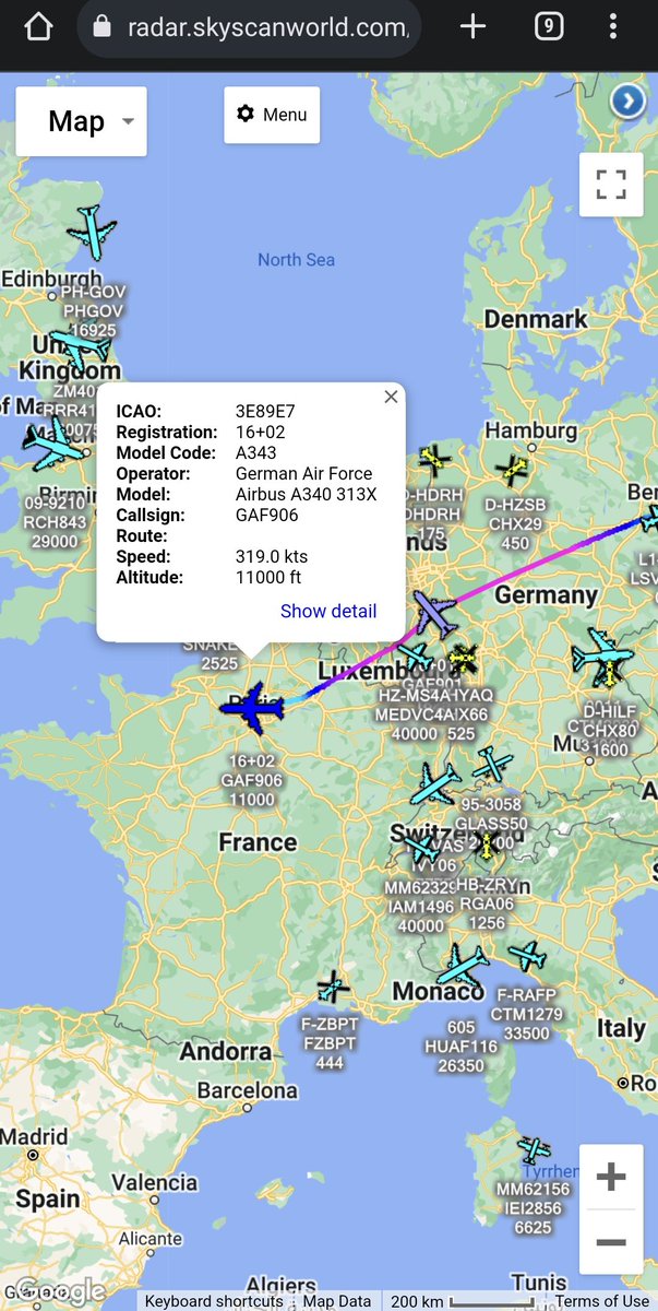 scan_sky's tweet photo. German Chancellor Olaf Scholz 🇩🇪 Inbound To Paris 🇫🇷 For The Franco-German Cabinet Meeting 🇫🇷🇩🇪

Travelling From Berlin 🇩🇪 Aboard -

German Air Force 🇩🇪 - Airbus A340-313X - 16+02 - #GAF906 https://t.co/wMWhYarDla