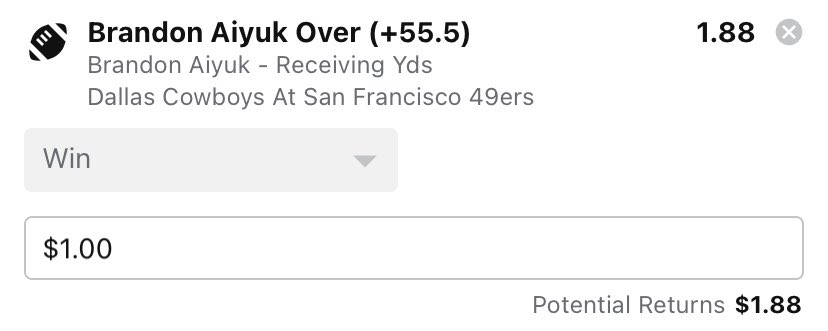 ozprops's tweet image. 1U - Aiyuk o55.5 rec yards