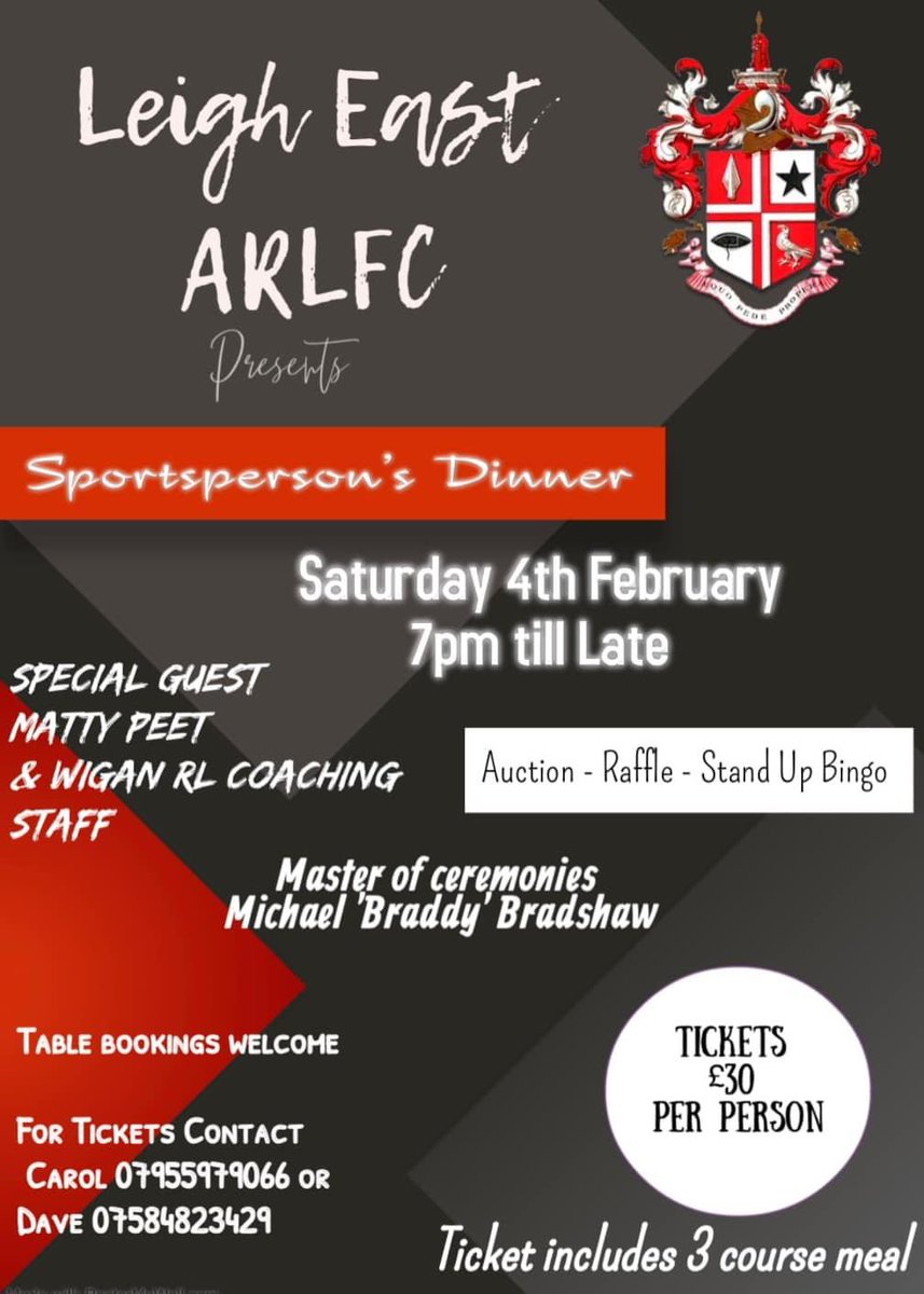 |EVENT|  FIRST ONE OF 2023!

We have a very special night in honour of our very own Ben Woods (r Ben), he loved nothing more than a drink with his mates and a laugh.

Sportspersons Dinner, special guest Wigan Warriors  Head Coach Matty Peet and other members of the coaching staff