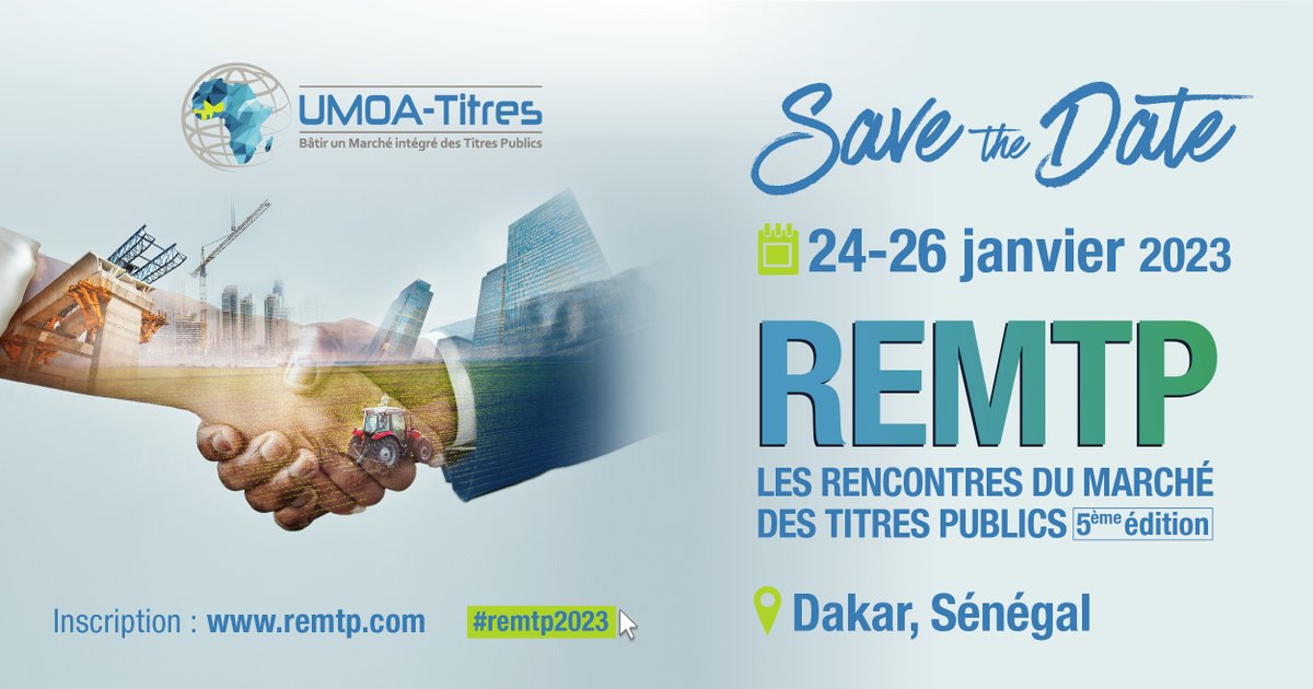 AfricaGreenMag1's tweet photo. #comingup #rendezvous 
5e éd Rencontres du Marché des Titres Publics (#remtp).
Thème:« Diversité des investisseurs et efficience du Marché des Titres Publics ».
#online #dakar #Sénégal #Gratuit 
du 24 - 26 Janvier 2023
Info: https://t.co/pSyUdMipf0
@umoatitres #kebetu #Finance https://t.co/bhHEAzMKrT