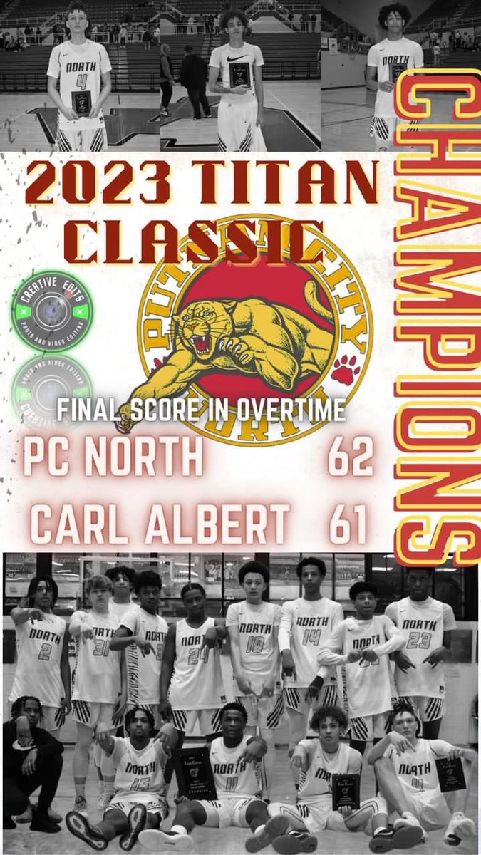 Congratulations to <a href="/PCN_Basketball/">PC North Boys Basketball</a> for winning the 2023 TITAN CLASSIC TOURNAMENT  defeating CARL ALBERT TITANS in overtime 62-61 in a very intense competition