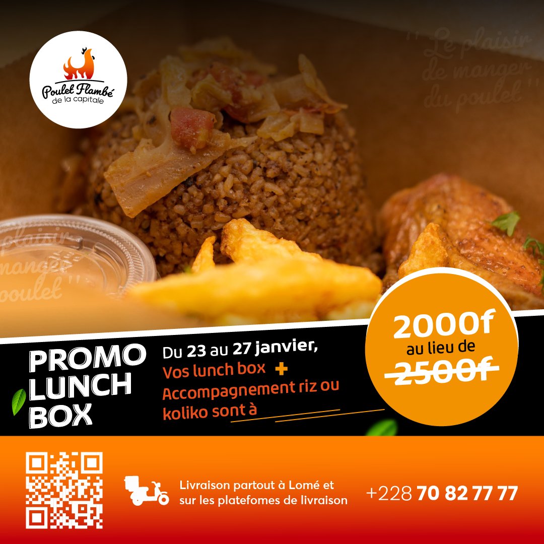 PFC_lome's tweet photo. Le gang anti-janviose n'a pas dit son dernier mot. Nous sommes de retour avec une bonne nouvelle ! 
Obtenez désormais votre lunch box à seulement 2000f au lieu de 2500 du 23 au 27 janvier 2022.

📞+22870827777 ou rdv sur les plateformes de livraison.
.
 #Tgtwittos #pfclome https://t.co/P6wBczcF3J