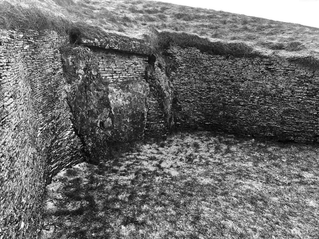 _rexhenry's tweet photo. black and white belas knap long barrow. stone and bone. a restored cotswold-severn neolithic ‘horned’ long barrow. the horns form a false entrance at it northern end it’s 39 excavated human skeletons (plus a horse and cattle bones) recovered from its thr… https://t.co/i4Fw89XqTO https://t.co/AK37dPffhX