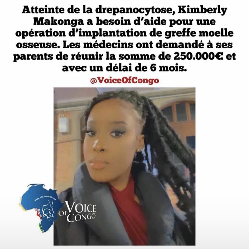« Atteinte de la drepanocytose, Kimberly Makonga a besoin d’aide pour une opération d’implantation de greffe de moelle osseuse. Les médecins ont demandé à ses parents de réunir 250 000€ avec un délai de 6 mois. » 

Pour participer à la cagnotte: cotizup.com/pourkimberly?f…