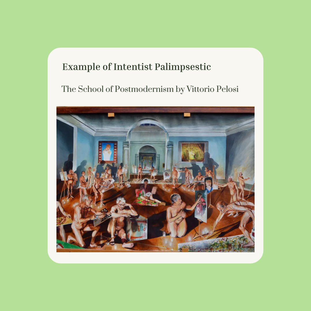 intentism's tweet image. The School of Postmodernism is a large-scale painting by Vittorio Pelosi that is a satire on Raphael’s The School of Athens. In Raphael’s great fresco, he positions all the greatest Greek thinkers in an architectural setting that would be impossible to build.

#Intentism #art