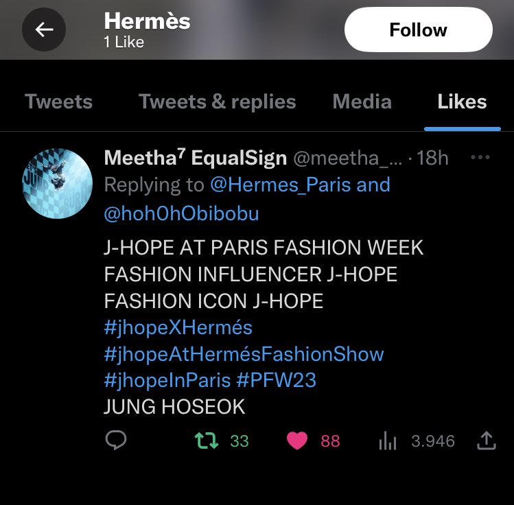 Hermès has had a twitter account for 11 years and it's the first time they've liked a tweet 🤭

Jung Hoseok’s power 🥰

#jhopeXHermès #jhopeAtHermèsFashionShow
#jhopeInParis #jhope 
FASHION ICON J-HOPE
FASHION KING J-HOPE 
J-HOPE AT PARIS FASHION WEEK