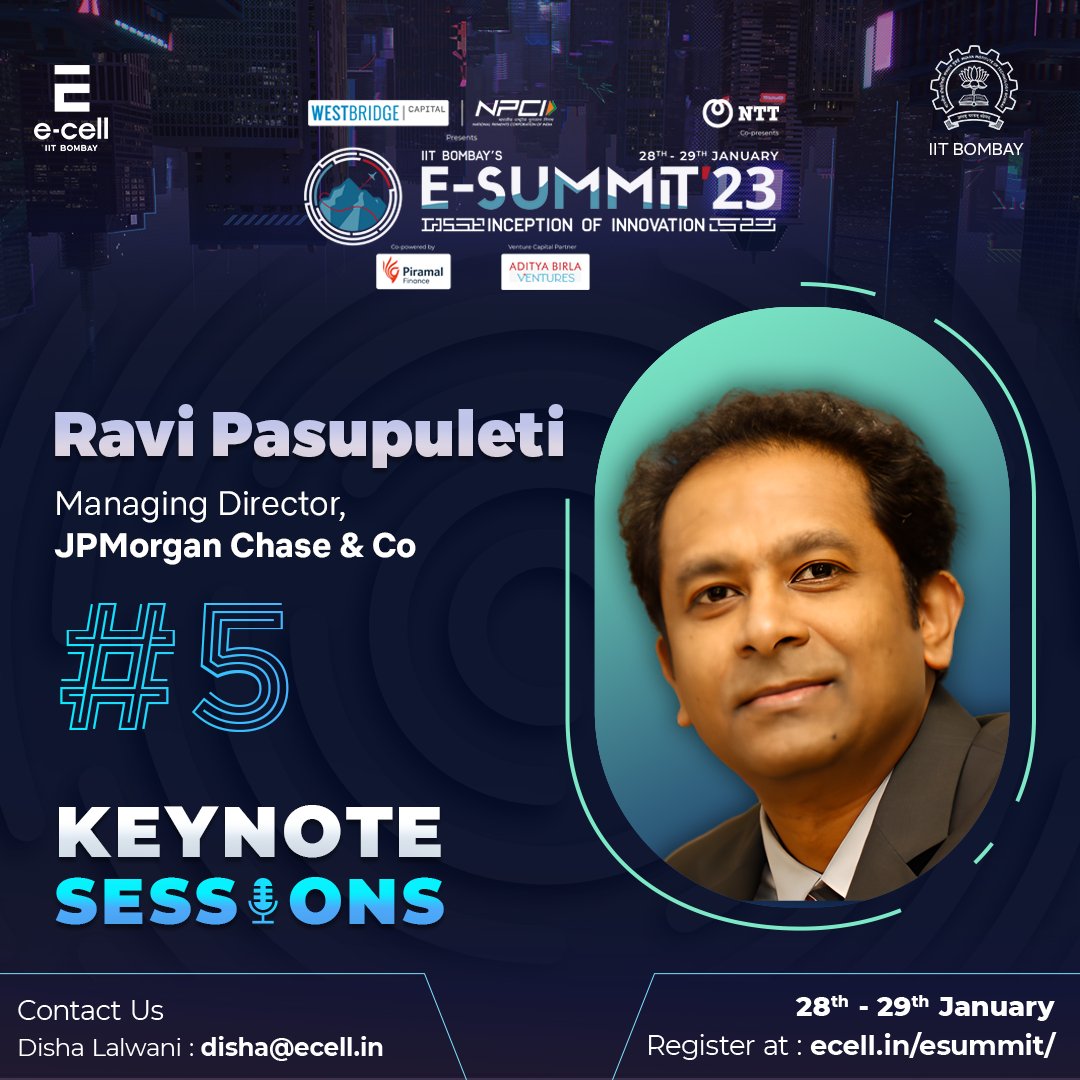 ecell_iitb's tweet photo. In our 5th Keynote session, join us in conversation with Ravi Pasupuleti, Managing director of the iconic JPMorgan Chase & Co as we delve deep into the intricacies of modern finance.
#jpmc #jpmorgan #esummit #ecell #summitdiaries https://t.co/HzYbVf9sFG