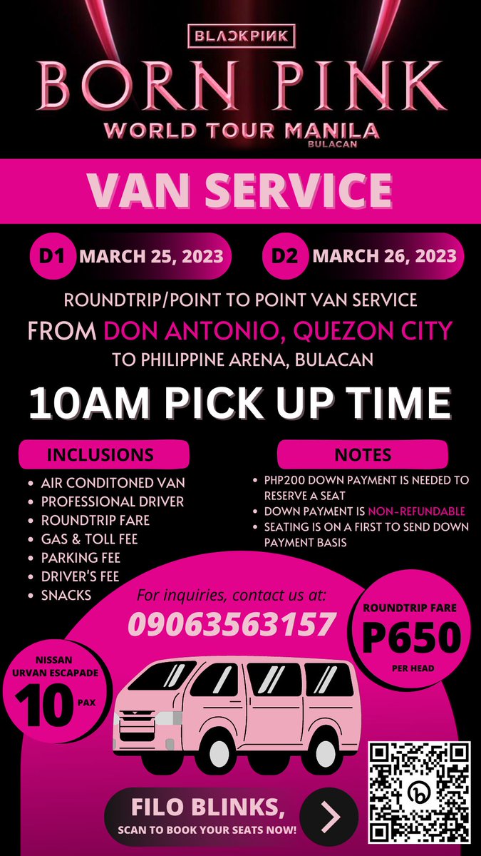 lalisa_sophia's tweet image. 📣 ANNYEONG QUEZON CITY BLINKS!! 🖤💖

Roundtrip Van Service from DON ANTONIO,QC to PH ARENA on March 25 &amp;amp; 26, 2023

D1 - 7 slots available
D2 - FULL

#Carpool #Vanservice
#BLACKPINK #BORNPINK #BORNPINKinMANILA #BORNPINKINMANILA_BULACAN