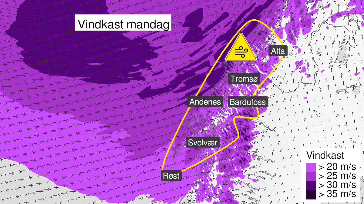 Meteorologene's tweet photo. Vi har sendt ut gult farevarsel på vindkast for deler av Nord-Norge ⚠️

Mandag morgen til mandag kveld ventes lokalt kraftige vindkast på 27 til 33 m/s fra sørvest. Vinden øker først i Nordland, og minker sist i Vest-Finnmark. 

Fest løse gjenstander 👉 https://t.co/u6O2VtqROD https://t.co/KJ6cmD1pQS